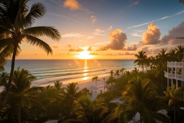 Obraz premium sunrise at a caribbean coast real estate beach resort with tropical palms