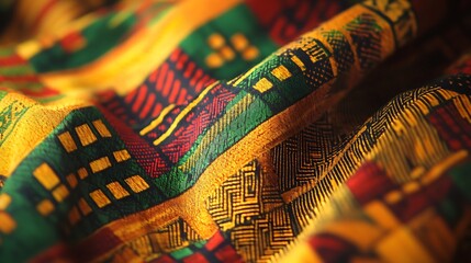 Detailed Close-Up of Kente Cloth from Ghana with Vibrant Geometric Patterns