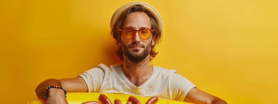  A man in a straw hat and glasses holds a yellow surfboard, grasping its edges