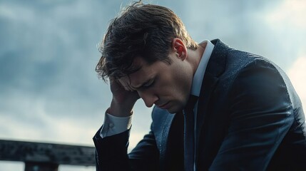 Tired businessman holding his head in hands in a suit stressed 