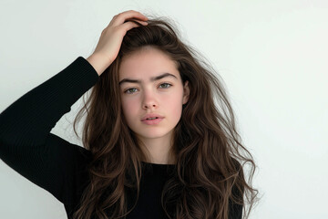Fototapeta premium A beautiful young woman of Jewish appearance holds her head, she has a headache, on a white background, medium plan.