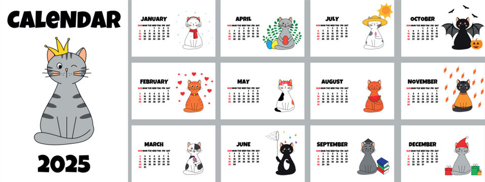 Wall calendar for 2025 with cute flat style cats. Different cats for each month. Set of 12 pages. Vector illustration