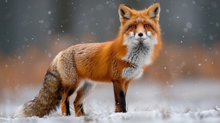 Obraz premium Red Fox Standing in a Snowy Field