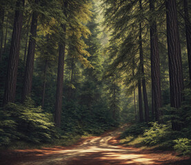 Fototapeta premium A forest with a dirt road leading through it