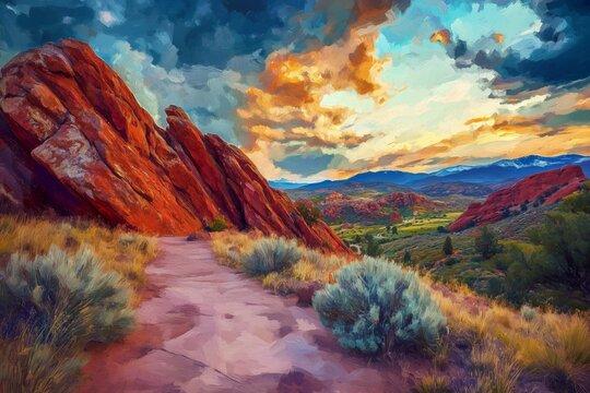 Detailed Abstract Red Rocks Park Colorado Palette Oil Painting Maximalism Art Generative Illustration