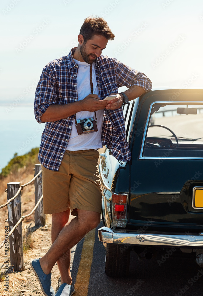 Poster man, road trip and online with smartphone by car for navigation app, checking route and directions f