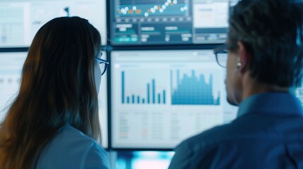 Modern Banking Analysis: Two Employees Examining Data on Computer Screen in Contemporary Office Setting