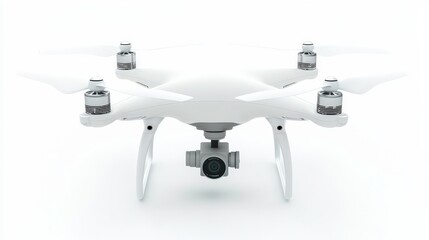 A white drone with four propellers and a camera, designed for aerial photography and videography.