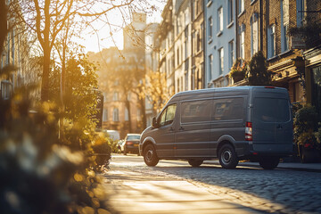 Black delivery van parked on a cobblestone street in an urban setting, suitable for commercial transport and courier services.