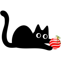 funny black cat is playing red and white ornament ball illustration 