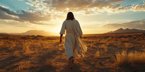 silhouette man Jesus in desert offers redemption and hope to those in need at sunset. softly blurred scene Concept Religious, Redemption, Hope, Jesus, Desert