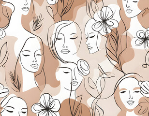 Abstract Several faces with flowers by one line vector drawing. Portrait minimalistic style background