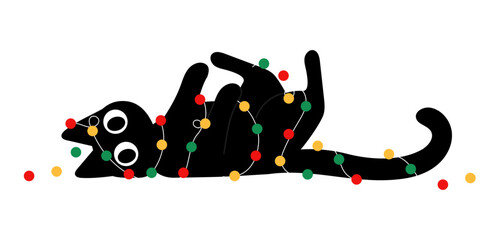 funny black cat is cover with messy christmas light on itself illustrations  © AnotaiSi