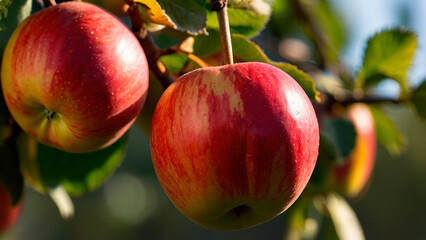 red ripe apples hanging on apple tree, close-up, beautiful sunlight
