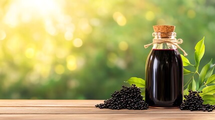 Elegant bottle of dark vinegar with blackcurrants and fresh leaves, set against a soft, illuminated nature background.