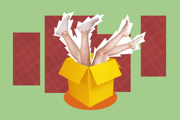 Artwork collage image banner of female feet inside box isolated on drawing creative background
