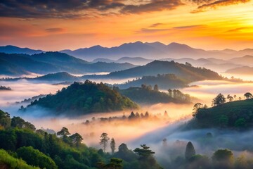 Fototapeta premium Serene landscape of a misty mountain range at dawn, with gentle hills, forestry, and a subtle mist, evoking a sense of peacefulness and calmness.