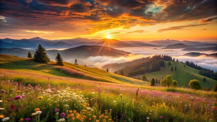 Obraz premium Warm sunset hues illuminate a serene landscape of rolling hills, wildflowers, and misty mountains, evoking a sense of peaceful contemplation and nostalgic longing.