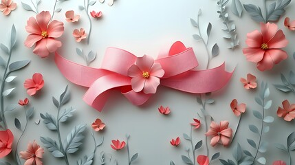 3D animation of a pink ribbon surrounded by delicate flowers and leaves, set on a white background with hand-drawn plants.