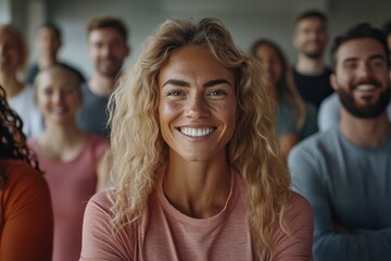 Obraz premium A woman with curly hair is smiling brightly amidst a group of people. Her smile is warm and inviting, suggesting a positive and vibrant group dynamic, full of energy.
