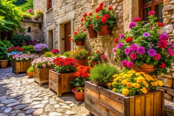 Naklejka premium Vibrant flowers bloom in a rustic outdoor setting, surrounded by wooden planters and natural stone walls, evoking a sense of serene desert oasis tranquility.