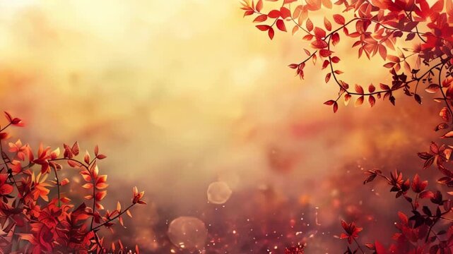 autumn glowing background with red and orange leaves, copy space