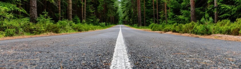 Obraz premium Abandoned road in overgrown pine forest, sense of mystery and decay