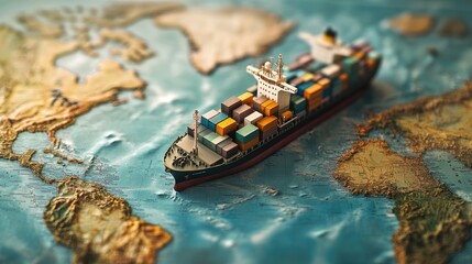 Fototapeta premium Container ship model navigating across a world map, symbolizing global transportation, trade, and the interconnectedness of markets.