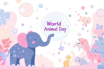 Colorful illustration of various cute animals, including an elephant, giraffe, and others, celebrating World Animal Day with playful bubbles and soft pastel colors