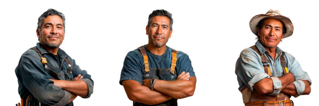 A set of european and asian male furniture assembler isolated on white or transparent background. Close-up of furniture assembler with different tools.