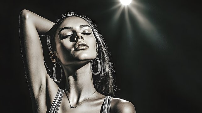 Model Posing Under Spotlight in Black and White. A model is striking a pose under a single spotlight, casting dramatic shadows. The image is in black and white, emphasizing the contrast between 