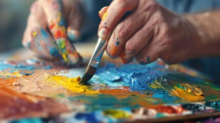Naklejka premium Creative Process - Close-up of Artist's Hands Mixing Paint on Palette in Photorealistic Digital Painting