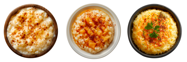 Traditional spanish dish. A set of rice pudding isolated on white or transparent background. Close-up of rice pudding in wooden, white and black plate, top view.
