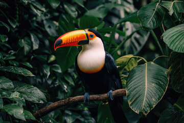 Fototapeta premium A vibrant toucan gracefully perched amidst lush greenery, showcasing its stunning beak and captivating colors in the wild.