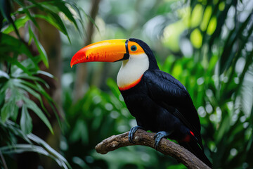 Fototapeta premium A stunning toucan showcases its vibrant plumage, perched elegantly amidst lush foliage of a tropical paradise's greenery.