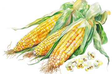 Hand-drawn Watercolor Illustration of Fresh Sweet Corn and Popcorn on White Background