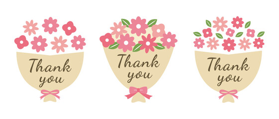 シンプルでかわいい花束のフレームイラスト。贈り物、誕生日、お祝い、記念日のベクター素材。感謝、ありがとう、Thank youメッセージ、文字、ギフトシール。フラットデザイン。