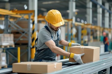 A factory worker with a yellow hard hat handles packages on a conveyor belt in a warehouse, representing industrial logistics and manual labor.