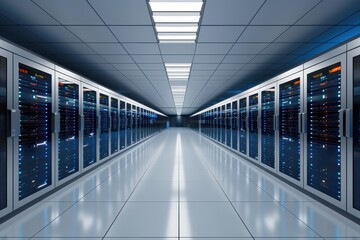 A long hallway in a data center lined with server racks, illustrating advanced networking, cloud computing, and digital infrastructure.