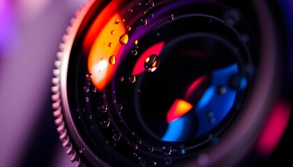 A macro shot of a camera lens with water droplets
