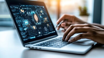 A digital hologram of DNA appears on a laptop while scientists in blue gloves analyze specimens through microscopes in a high-tech laboratory environment