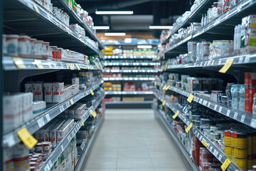 Fototapeta premium A Rare Glimpse into a Supermarket with Empty Shelves, Reflecting Current Trends and Challenges in Grocery Shopping.