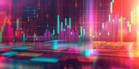 vibrant data visualization, likely representing a financial chart or stock market data. The chart features multicolored bars, lines, and graphs against a dark background