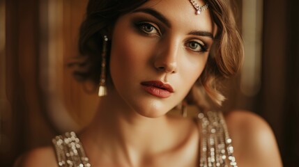 Glamorous Vintage-Inspired Model in 1920s Flapper Dress with Art Deco Backdrop Exuding Nostalgic Elegance