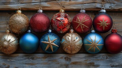 Assortment of Glittery Christmas Ornaments Hanging on Weathered Wood