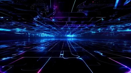 A vibrant, futuristic digital landscape featuring neon lights and dynamic motion, creating an immersive technological atmosphere.