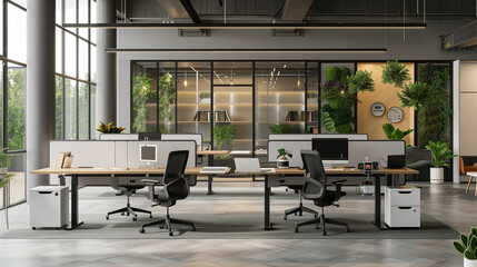 an office interior design with adaptable workspaces, including adjustable desks, modular furniture 
