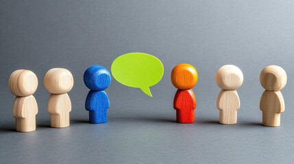 Obraz premium Colorful wooden toy figures display speech bubbles, representing interactive communication and collaboration in a modern social media environment