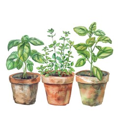 Obraz premium Hand-Drawn Watercolor Kitchen Herbs in Pots on White Background