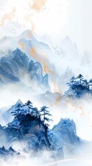 Obraz premium Chinese landscape ink illustration poster background